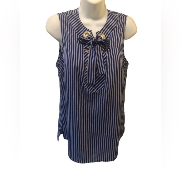 Michael Michael Kors Striped Nautical Blouse Sz. M Lace Up Sleeveless Blue - Picture 1 of 6